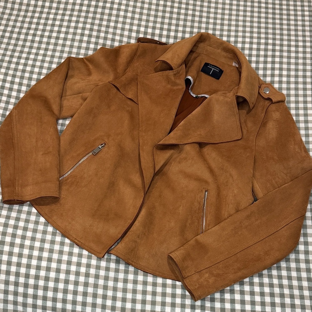Tahari Suede Moto Jacket in Cognac